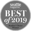 A grey circular badge reading "seattle magazine BEST of 2019 Readers' Choice Winner" is displayed.