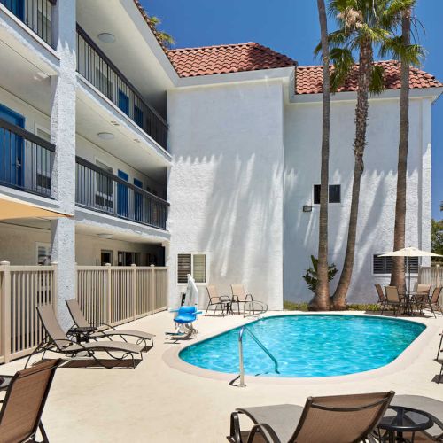 A swimming pool surrounded by lounge chairs, palm trees, and a multi-story white building under a clear blue sky can be seen in the image.